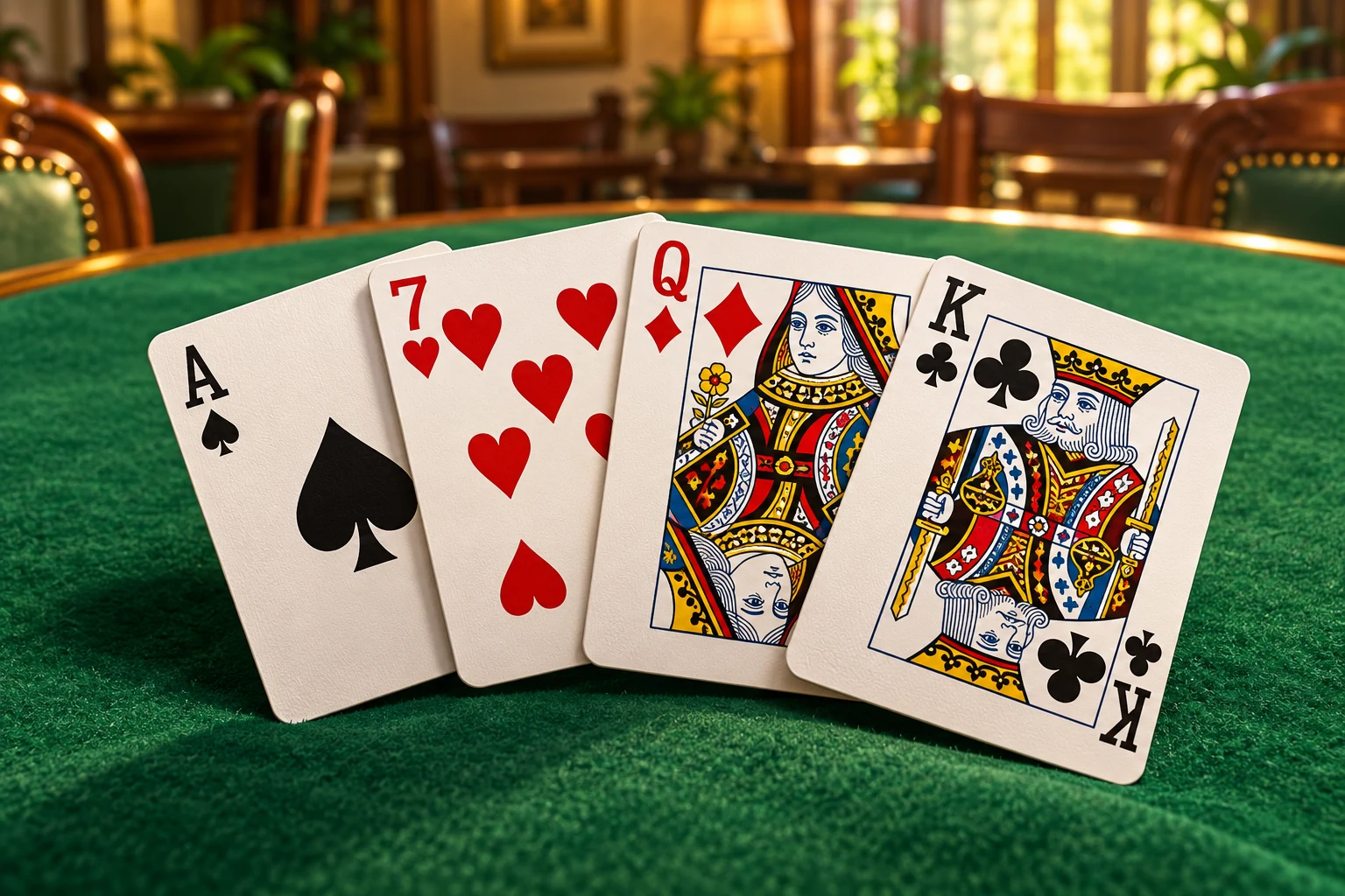 Cartas de baralho abertas sobre uma mesa de feltro verde.