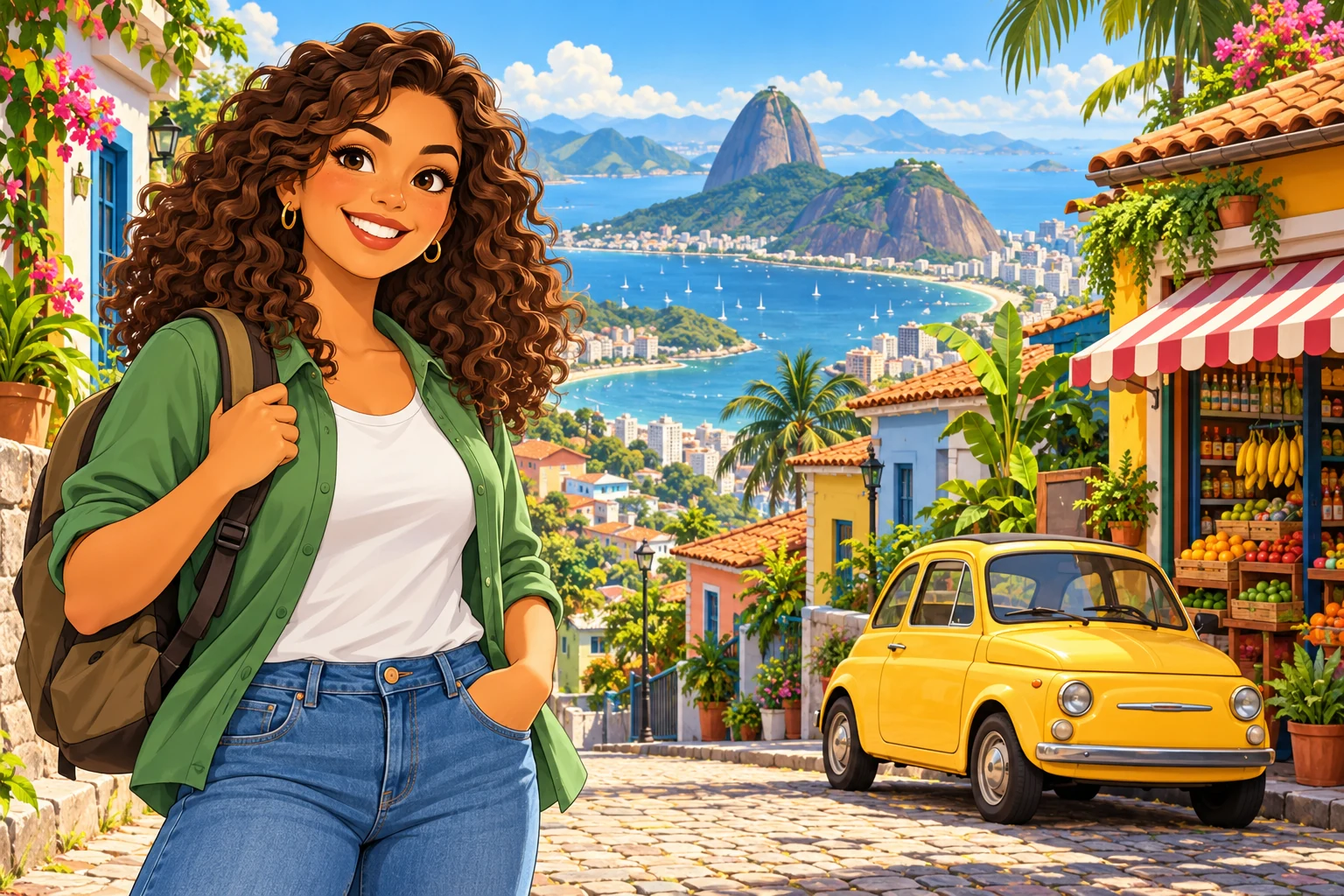 Personagem em uma cidade brasileira ensolarada, com um mercadinho e um carro amarelo.